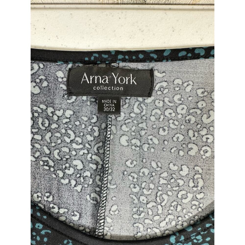 Arna York Tunic Blouse Size 30 32 Black Teal Leopard Slinky Handkerchief Hem - Picture 3 of 9